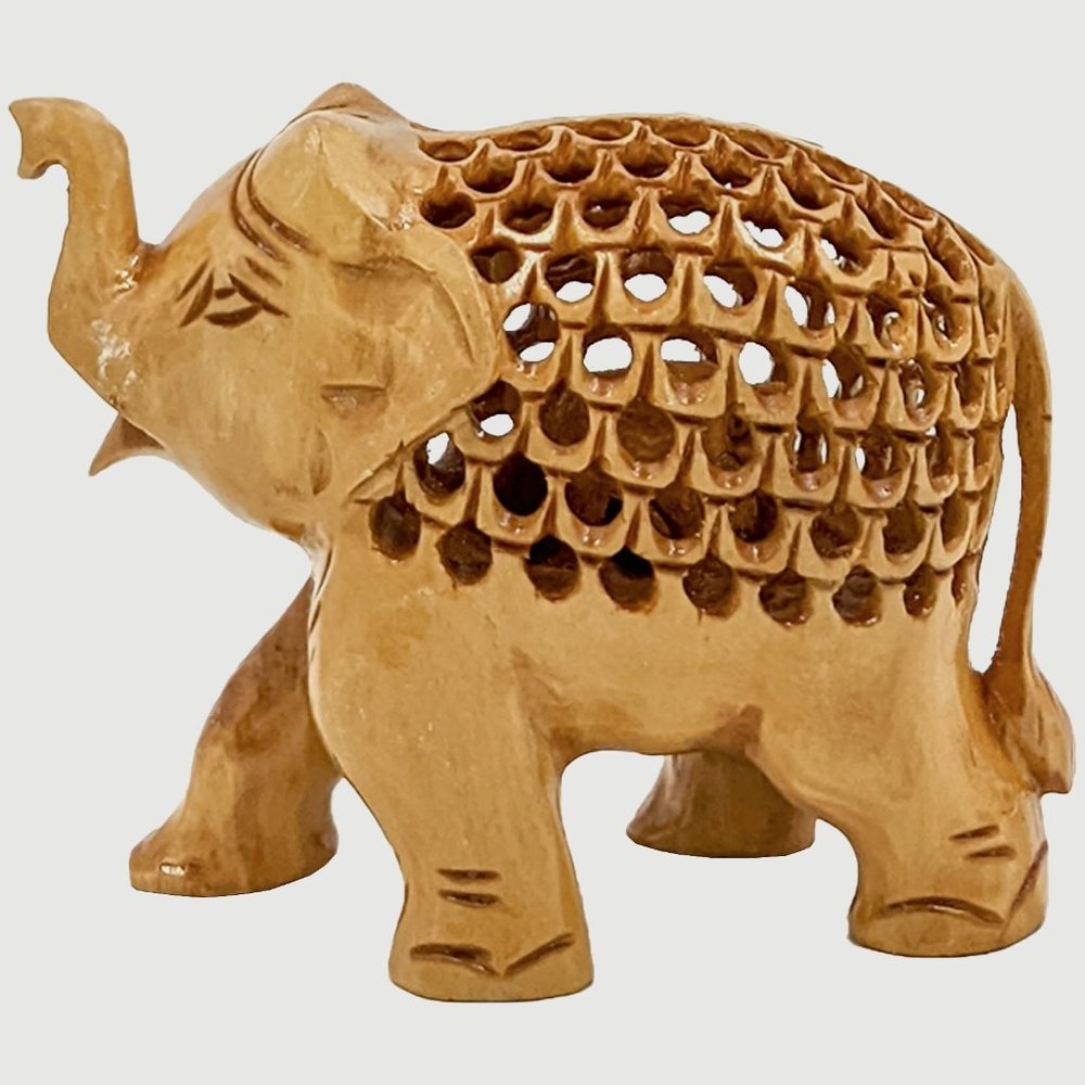 Handmade Jali Trunk up Carved elephant (M) (4 Inch)